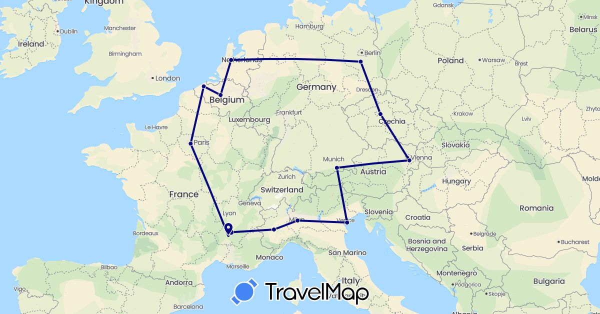 TravelMap itinerary: driving in Austria, Belgium, Czech Republic, Germany, France, Italy, Netherlands (Europe)